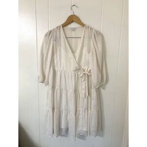 Calvin Klein Tier Dress Size 2 Faux Wrap White Gold 3/4 sleeve Cottagecore